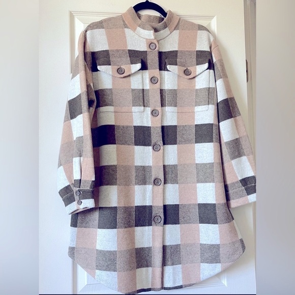 New Anthropologie 100% Wool Long Jacket Women M Plaid Button Down Tan Green - Picture 1 of 14